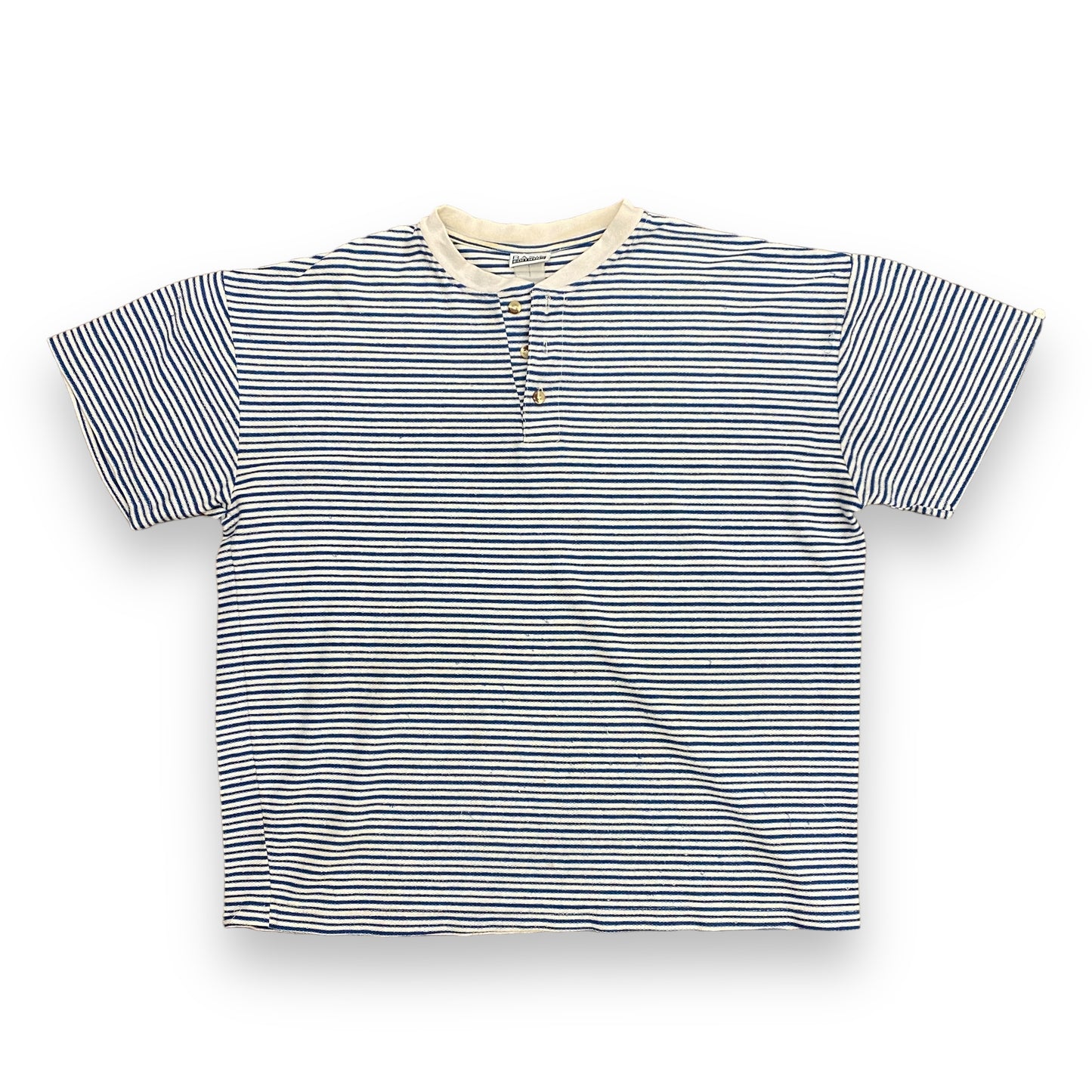 1990s Striped Blue & White Short Sleeve Henley - Size XL