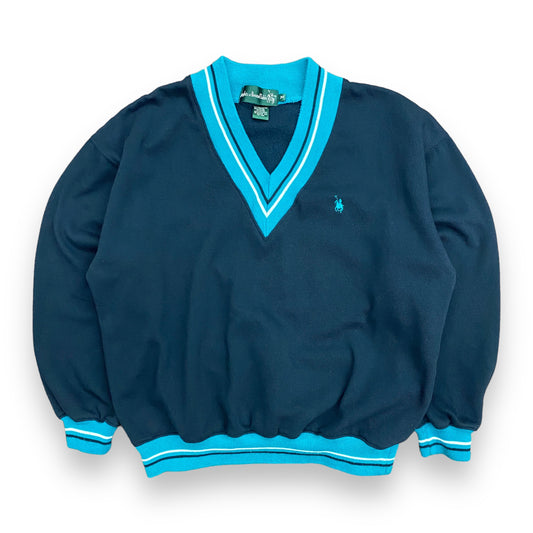 Vintage Navy & Teal Deep-V Varsity Sweater - Size Medium