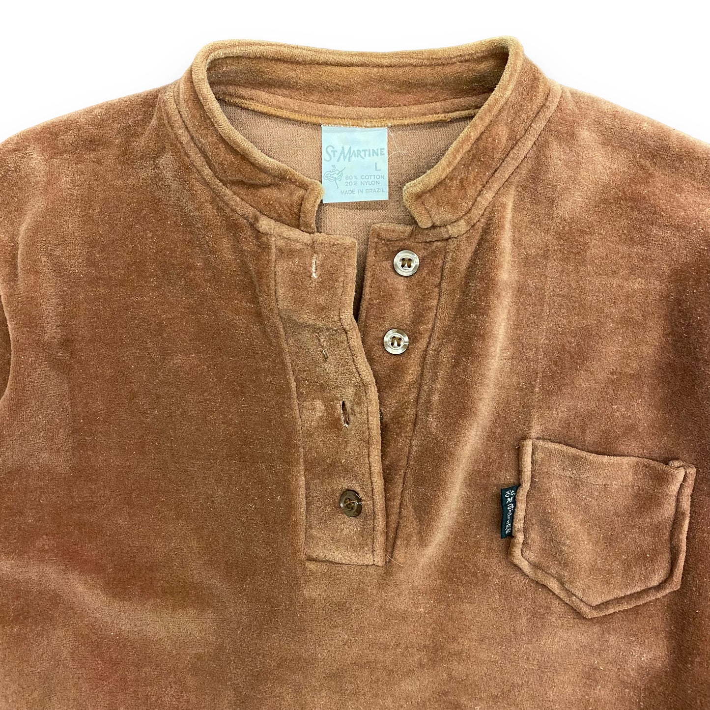 1970s/1980s Brown Velour Henley Shirt - Size Large (Fits Medium)