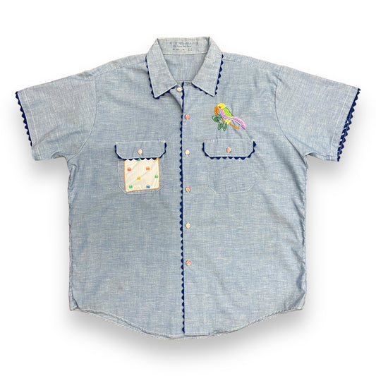 Vintage 60s/70s Custom Chain Stitched Chambray Button Up Shirt - Size XL
