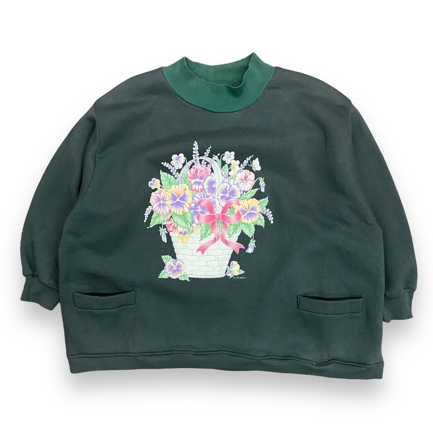 Vintage Cropped Floral Forest Green Mock Neck Sweatshirt - Size Large