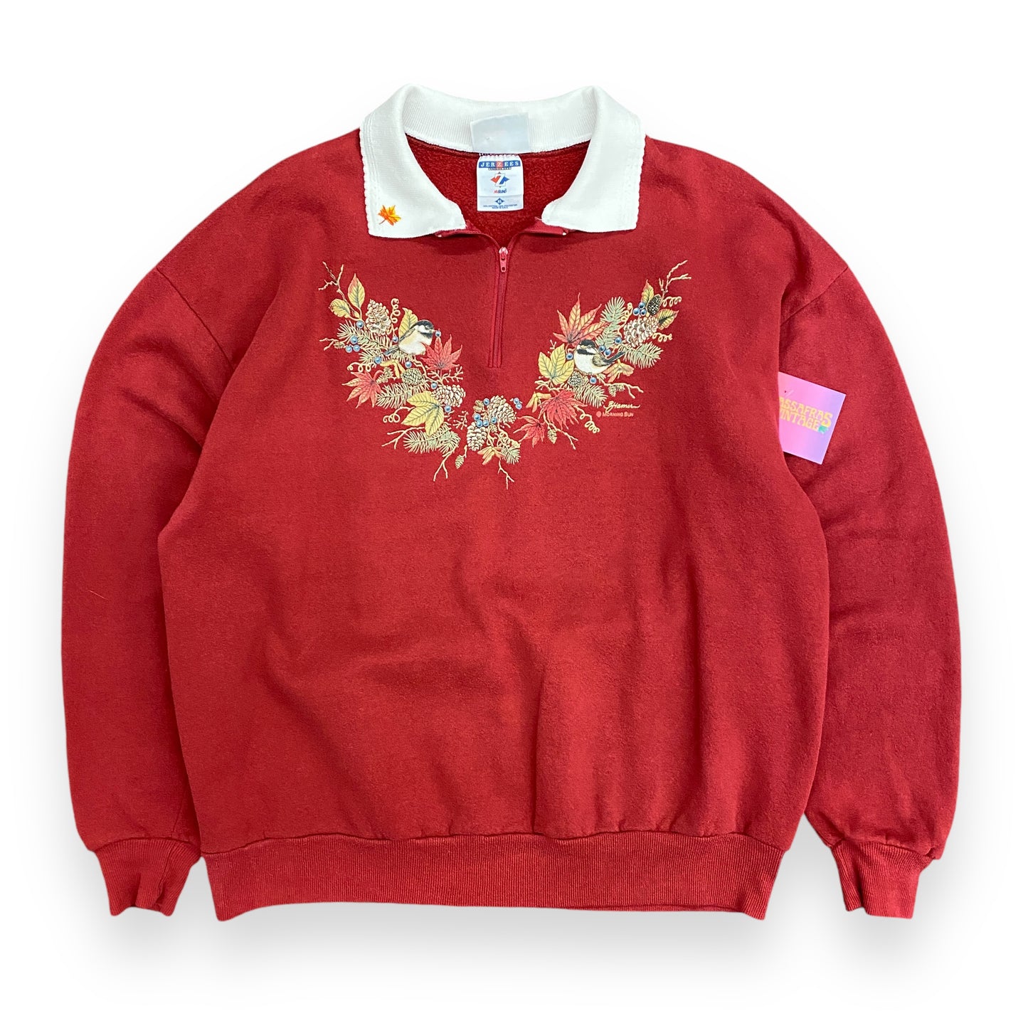 Vintage Autumn Birds Quarter Zip Collared Sweatshirt - Size XL