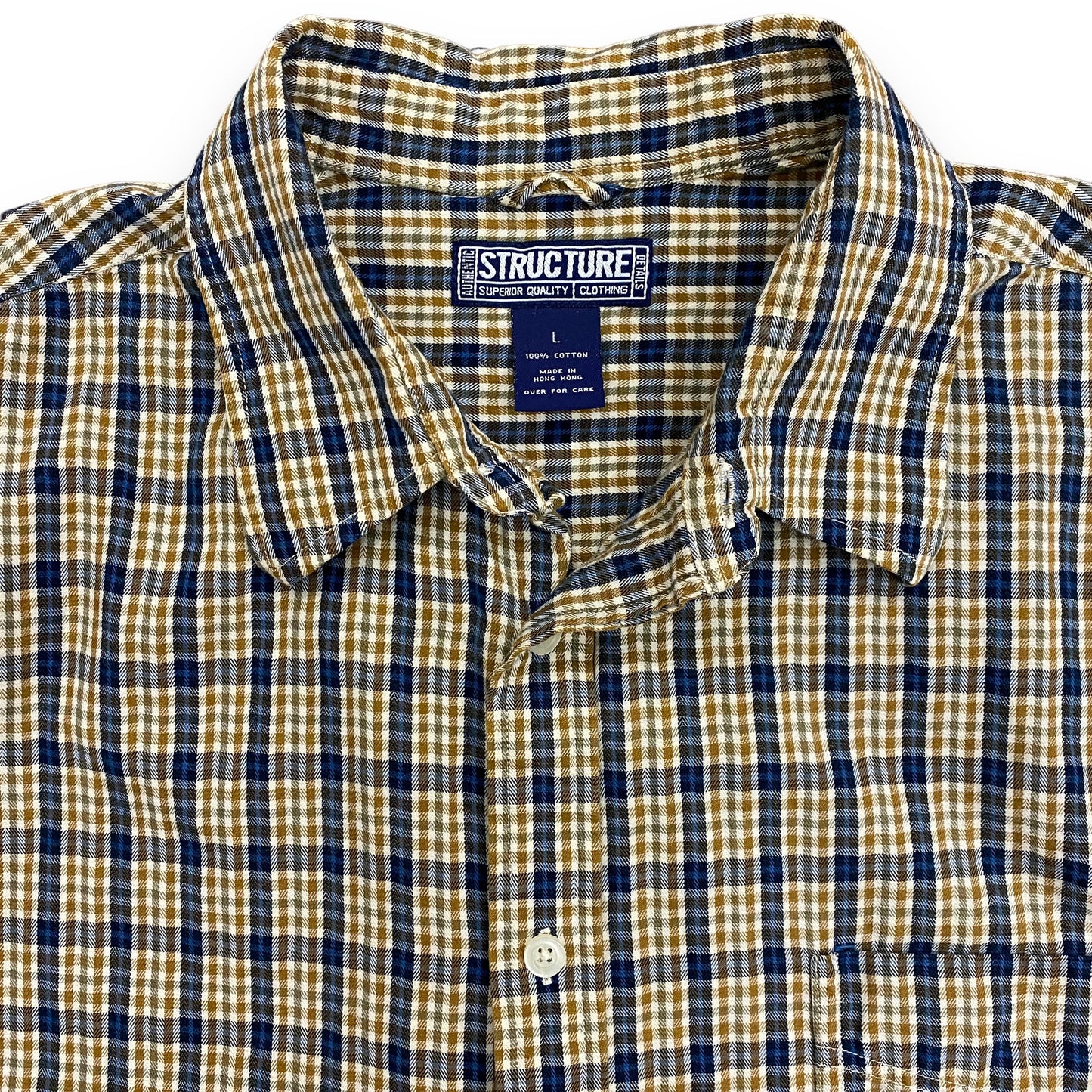 Y2K Structure Navy & Yellow Plaid Short Sleeve Button Up - Size Large