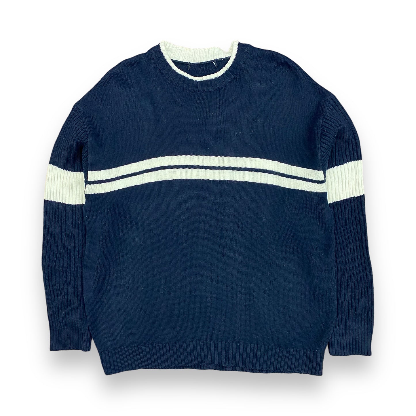 1990s Navy Blue Striped Sweater - Size Large