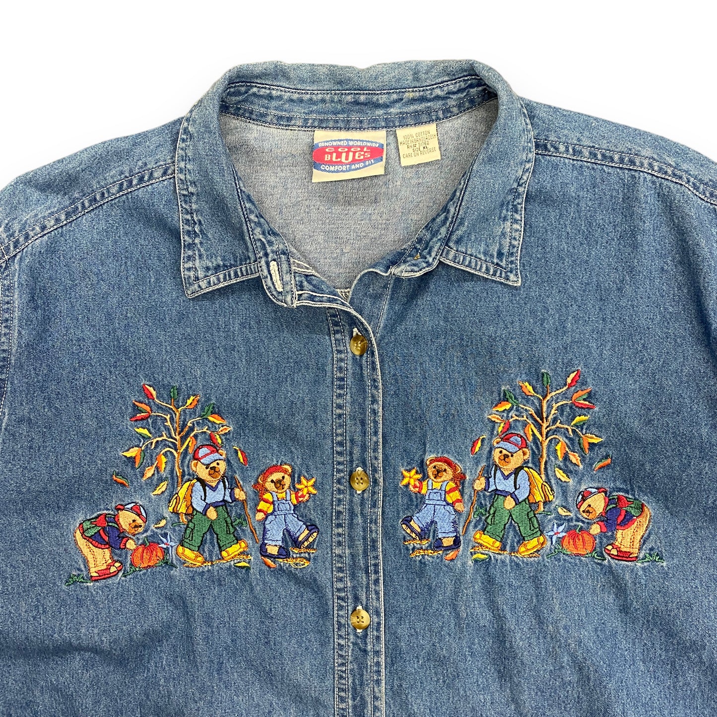 1990s Embroidered Bear Family Denim Button Up Shirt - Size Large