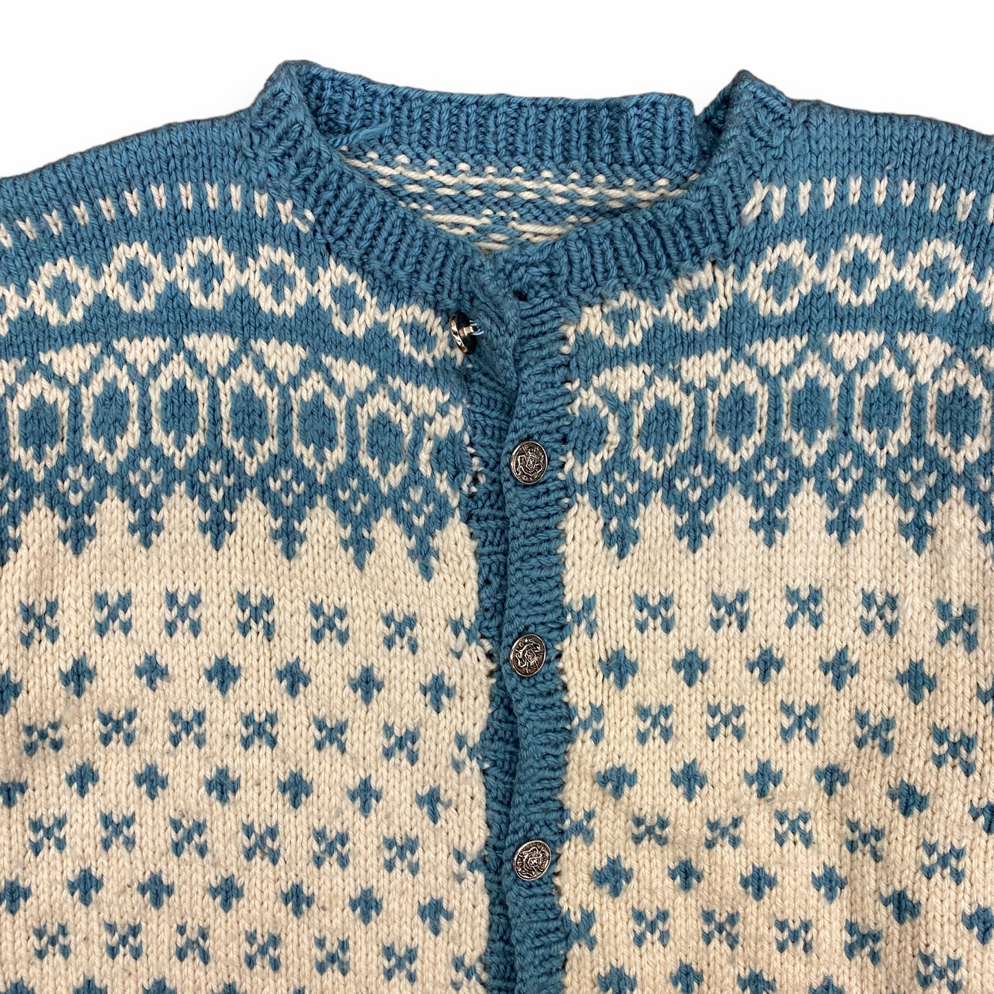 1970s Hand-Knit Blue & white Button Up Ski Sweater - Size L/XL