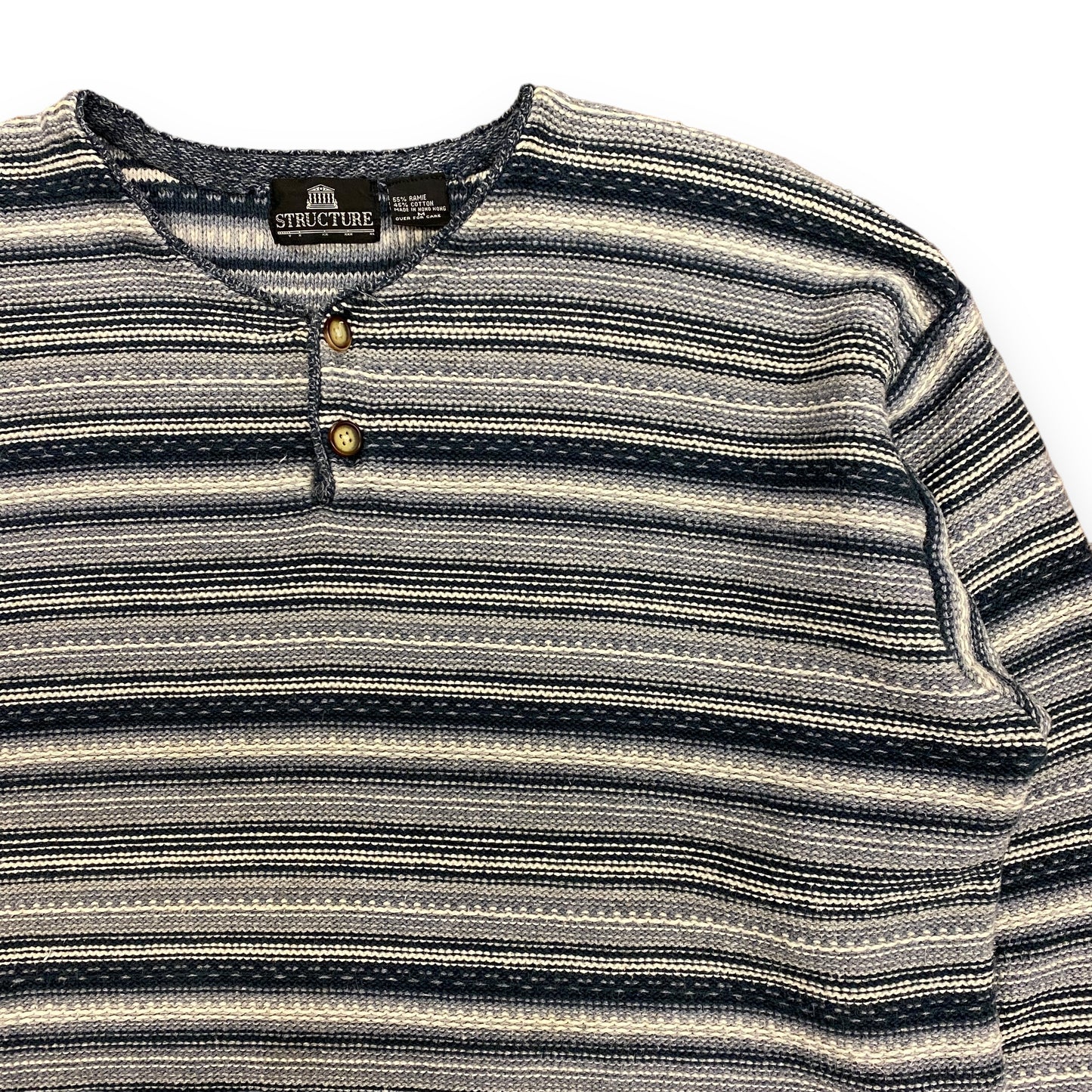 1990s Structure Navy Blue Striped Knit Henley Sweater - Size Medium