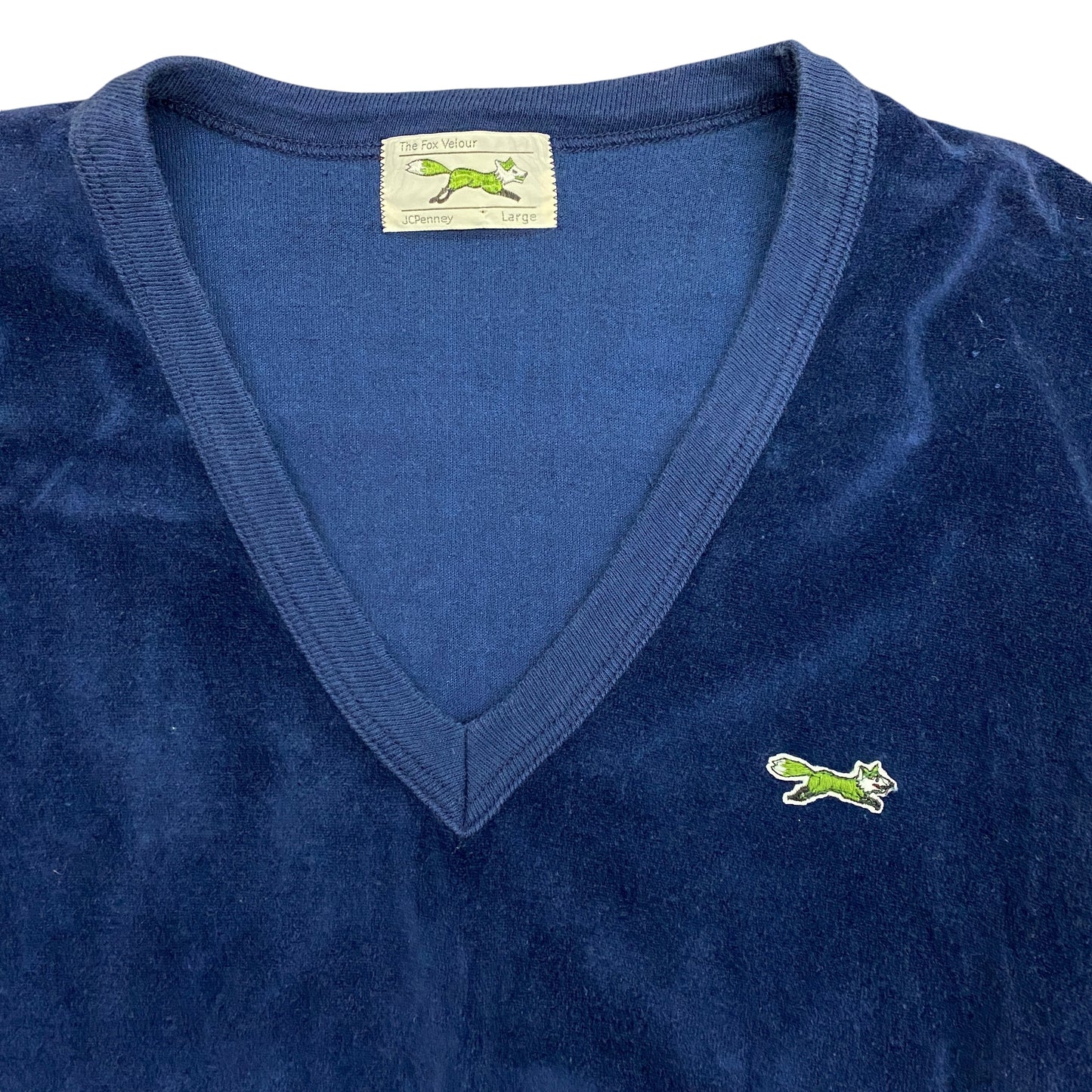 Vintage 1970s "The Fox" Navy Velour V-Neck Sweater - Size Large