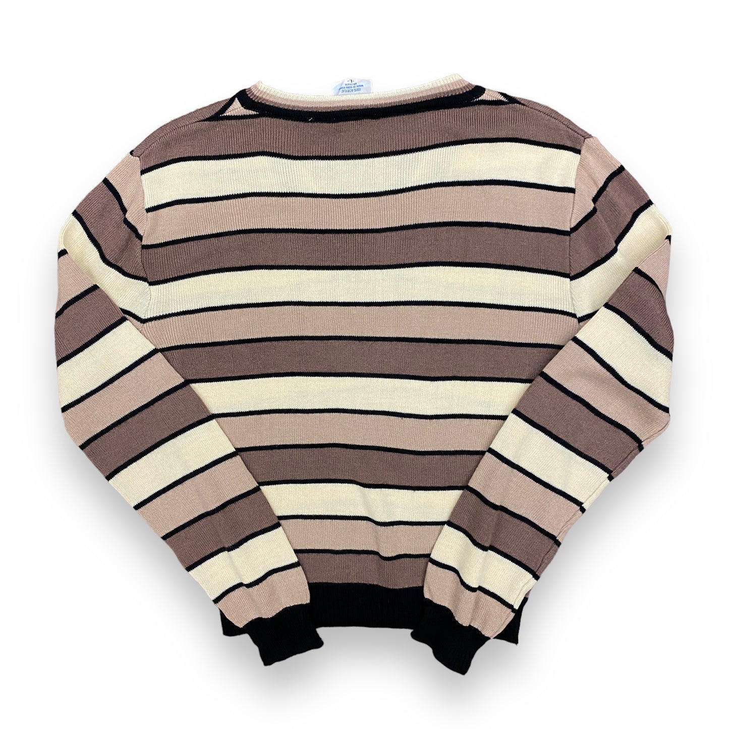 Vintage 1970s Striped Tan & Brown V-Neck Sweater - Size Large (Fits S/M)