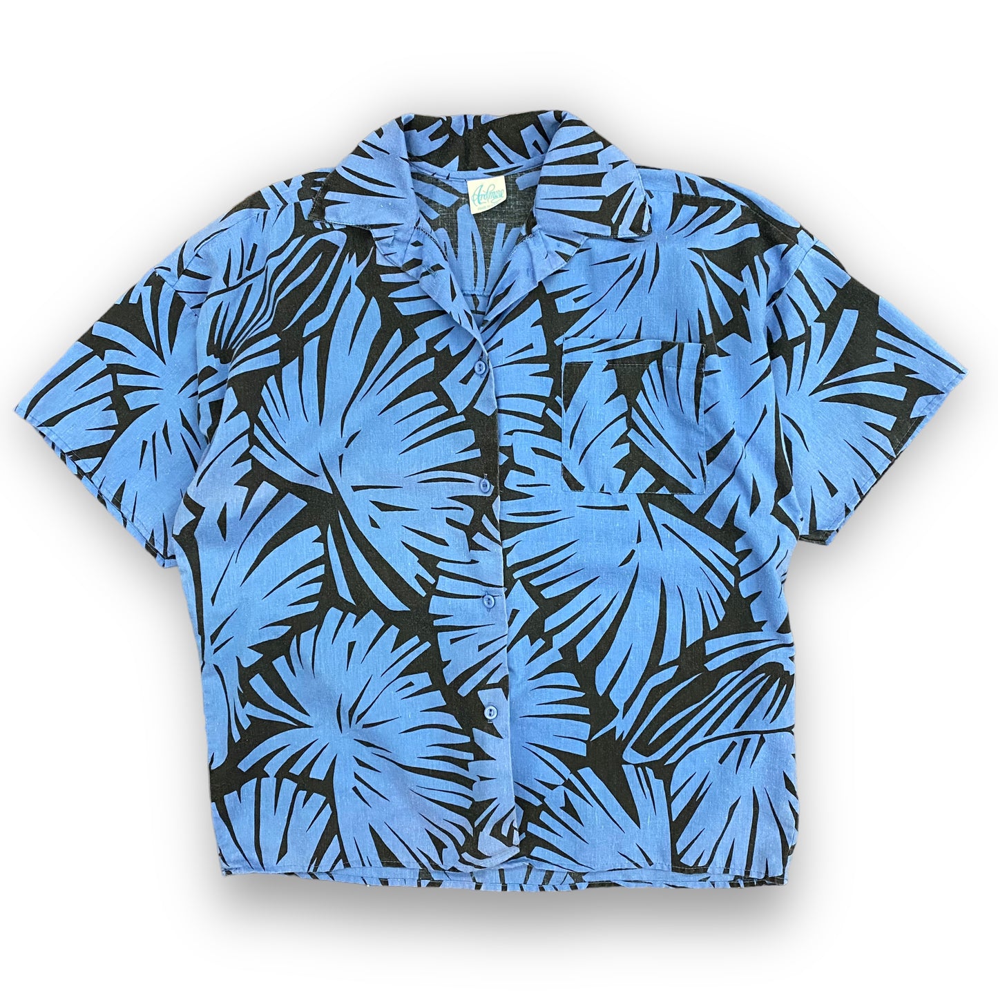 Vintage 1980s Black & Blue Floral Hawaiian Shirt - Size Large
