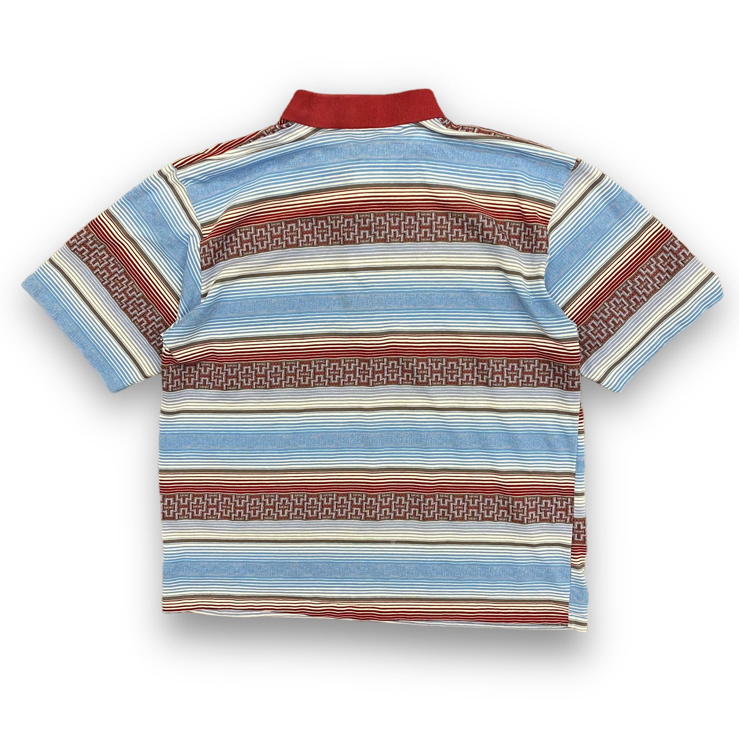 1980s Blue & Red Striped Abstract Polo - Size Large