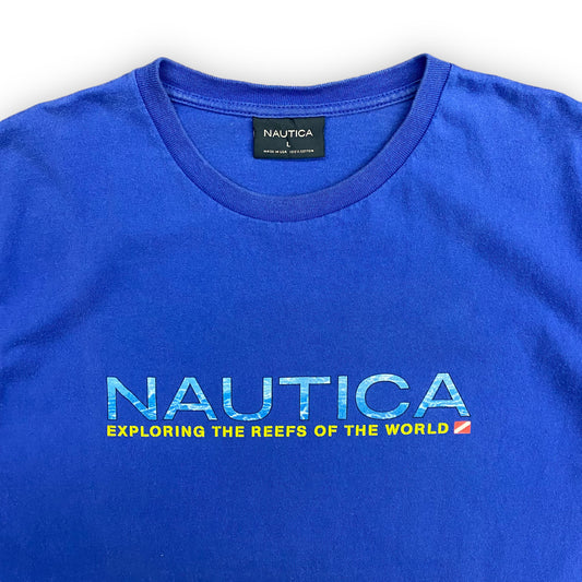 Vintage 1990s Nautica Made in USA "Exploring the Reefs of the World" Blue Tee - Size Large