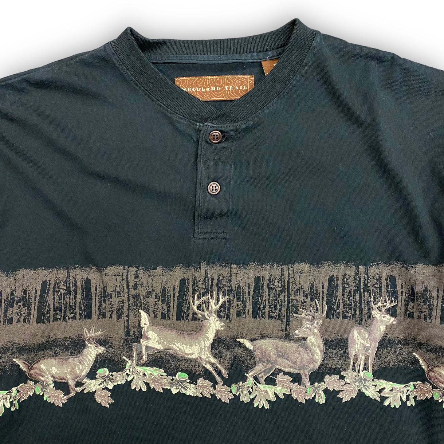 Vintage Deer Graphic Henley Long Sleeve - Size Medium