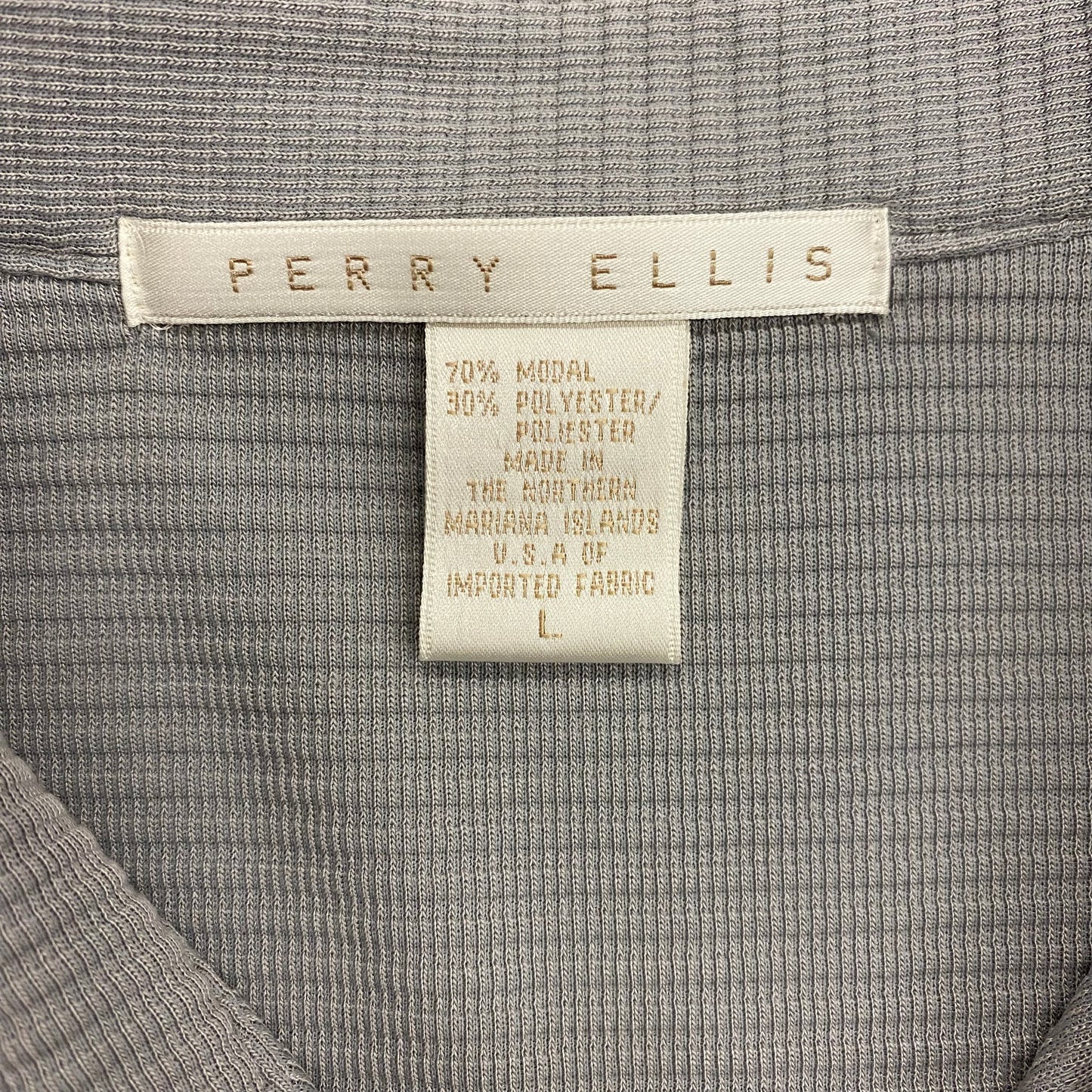 Vintage Perry Ellis Gray Ribbed Short Sleeve Button Up - Size Large