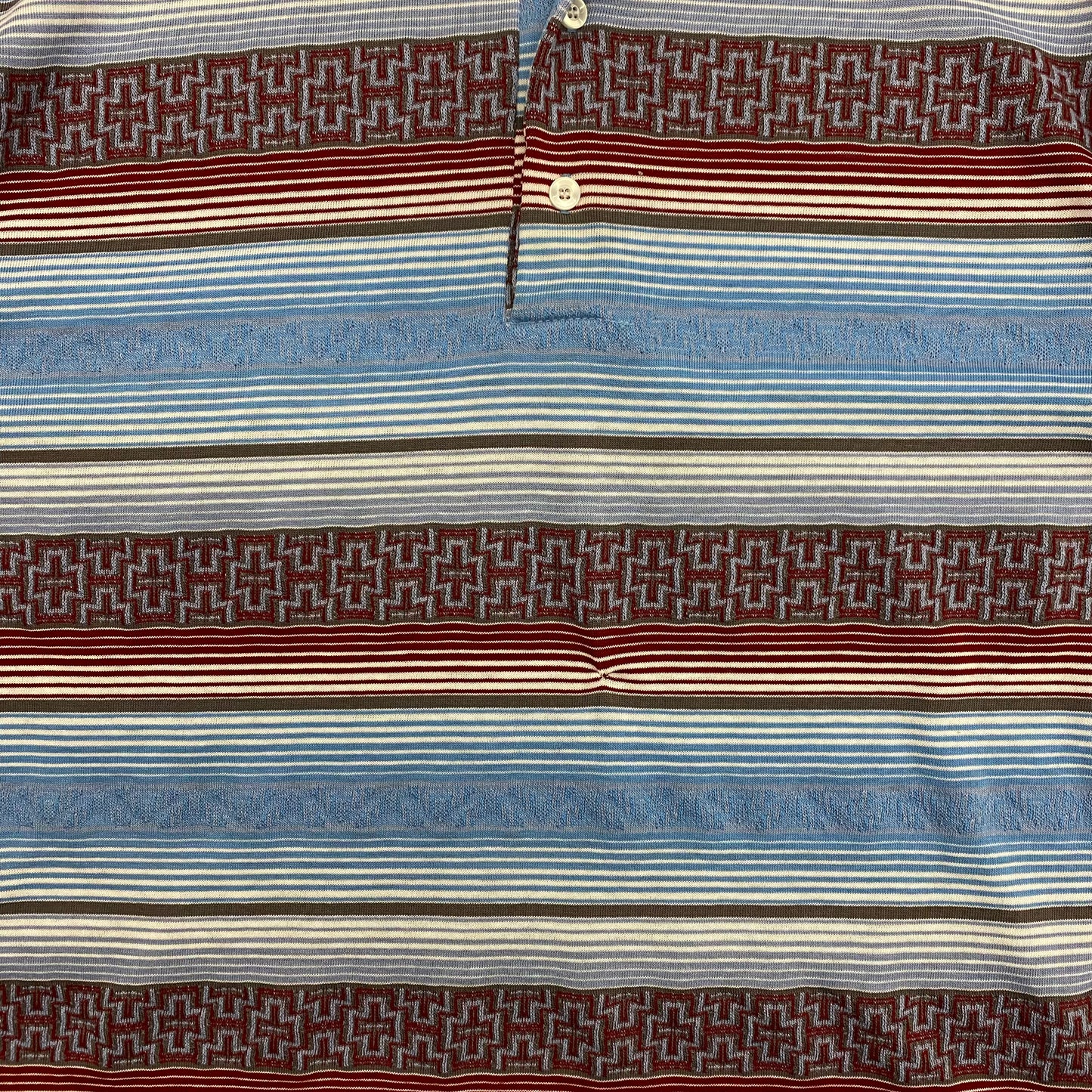 1980s Blue & Red Striped Abstract Polo - Size Large