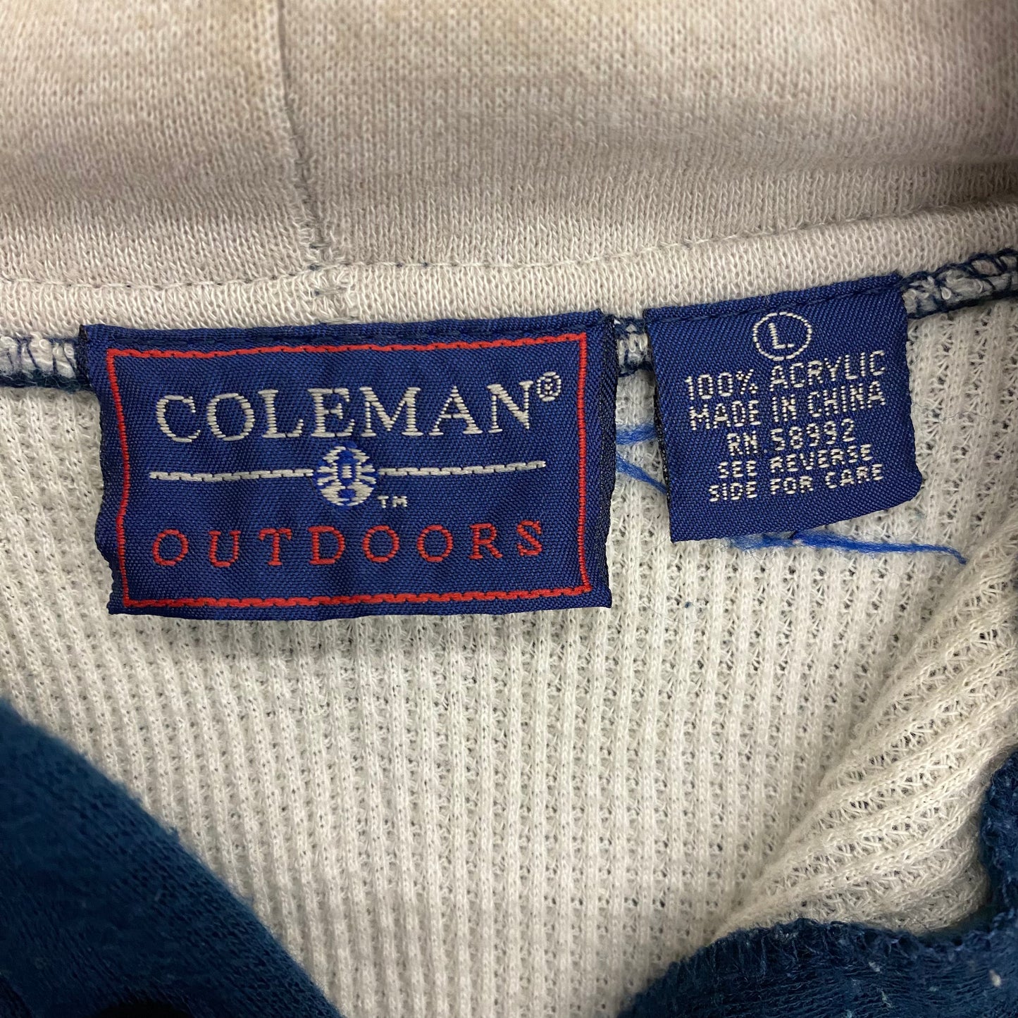Vintage 90s Coleman Outdoors Waffle-Knit Lined Navy Raglan Hoodie - Size Large