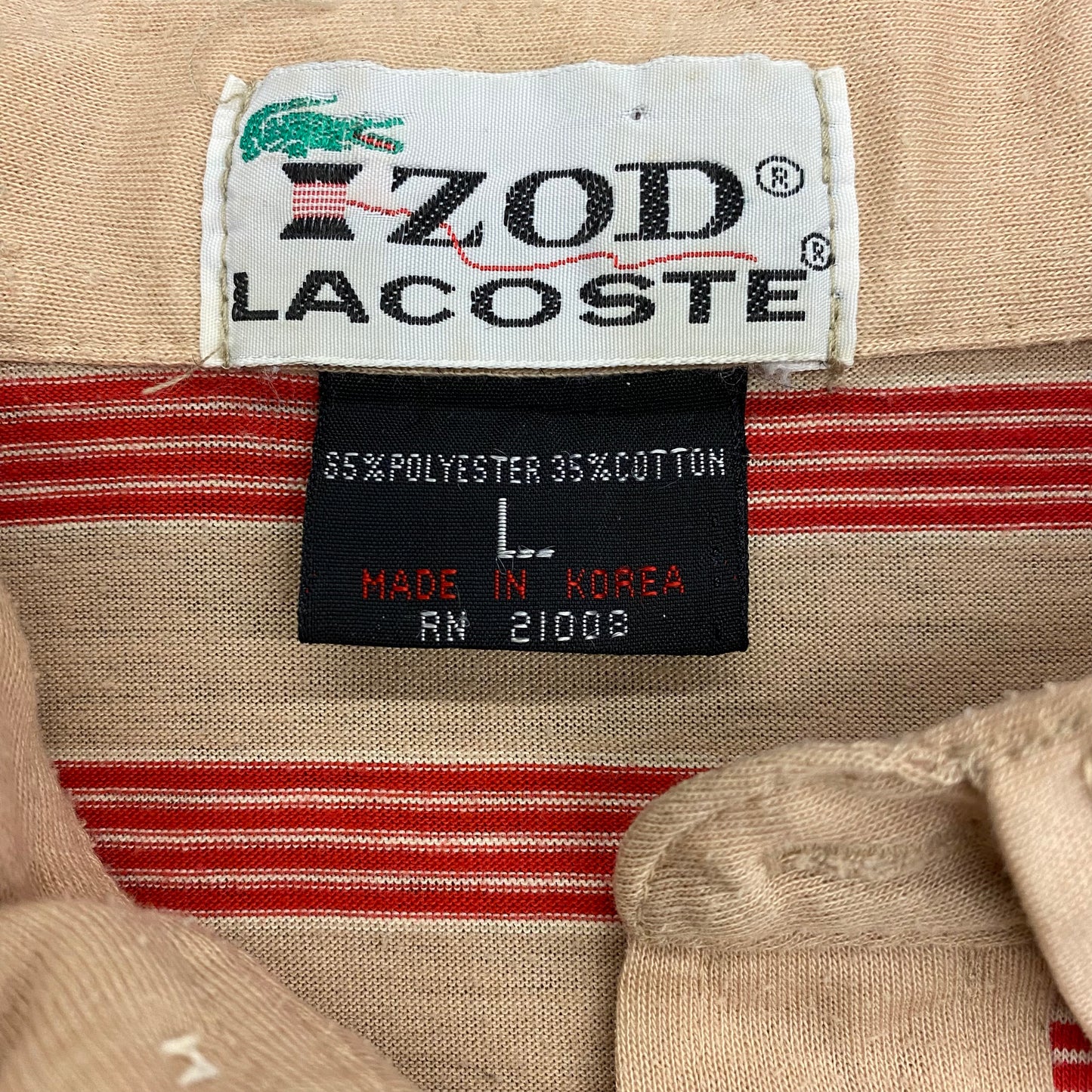 Vintage 1980s Izod Lacoste Tan & Red Striped Cropped Polo - Size Large