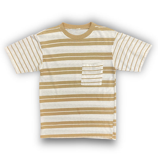 Early 1980's Single Stitch White & Tan Striped Tee - Size Medium