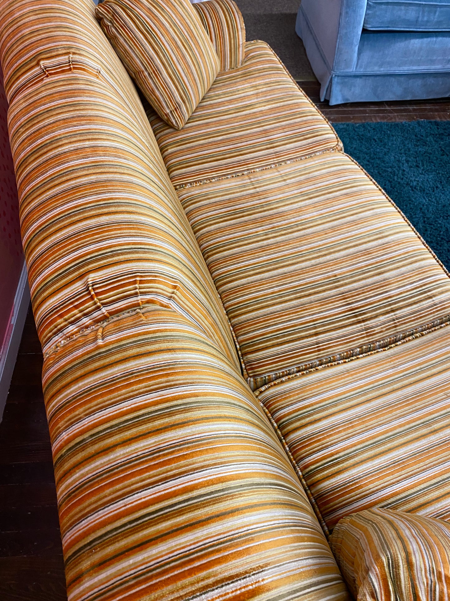 1970s Velvet Striped Couch with Matching Pillow Set