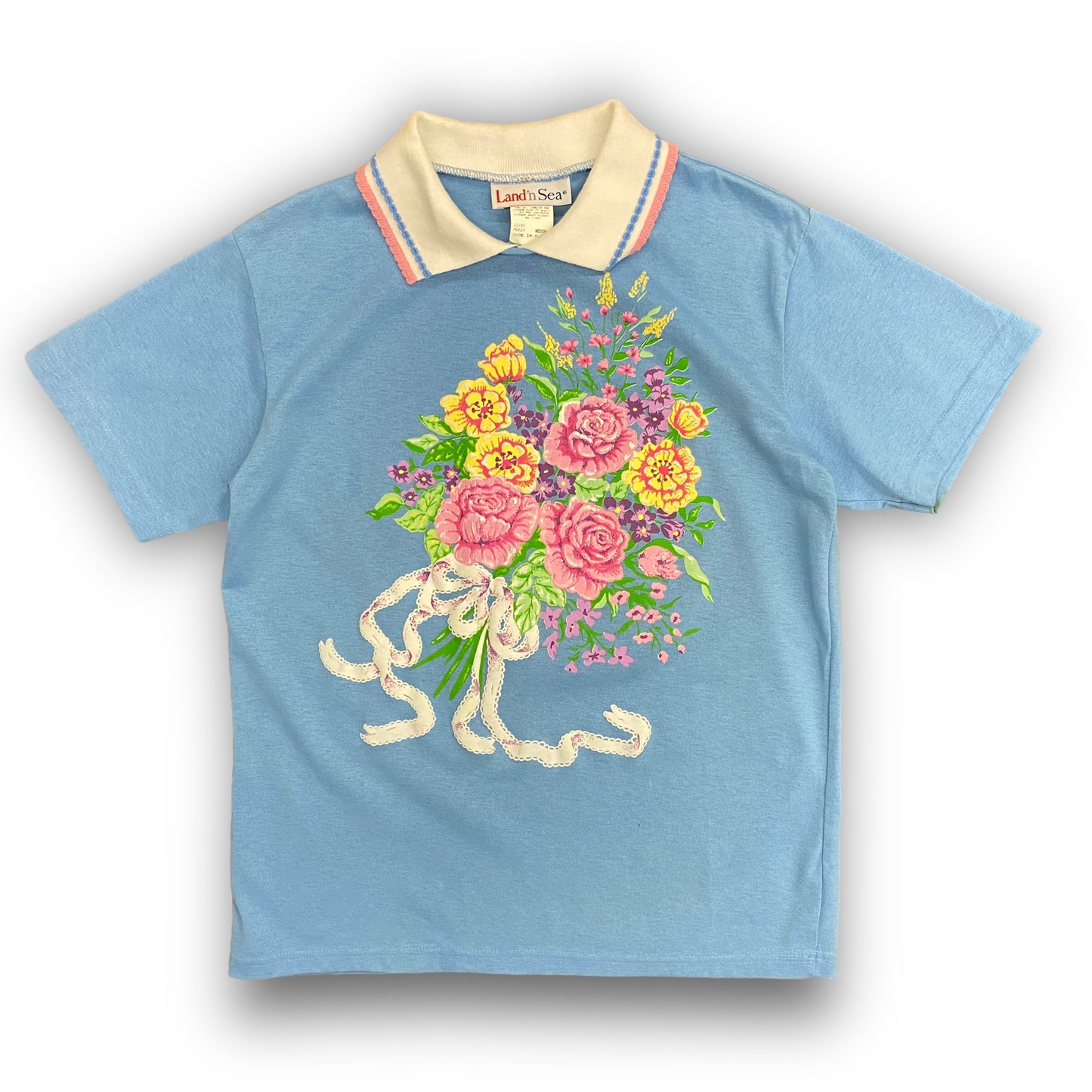 Vintage 80s Floral Graphic Light Blue Polo - Size Medium